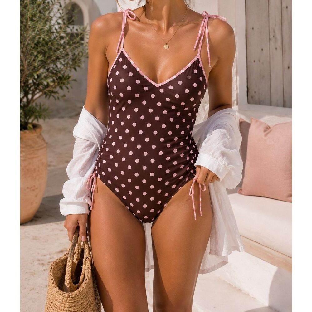 Brown Pink Polka Dot One Piece Swimsuit Medium Ruched Tie Side Retro